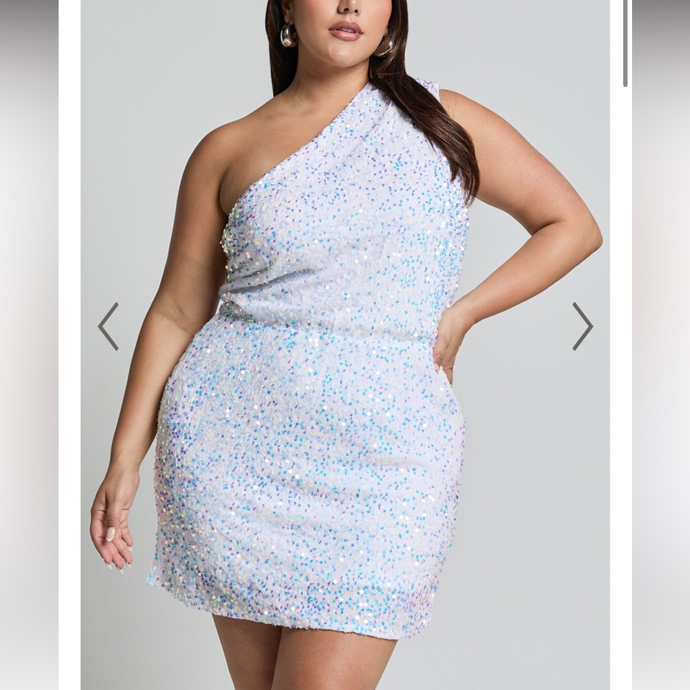 One shoulder white sequin iridescent mini dress